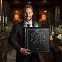 A groom holding a star map print gift